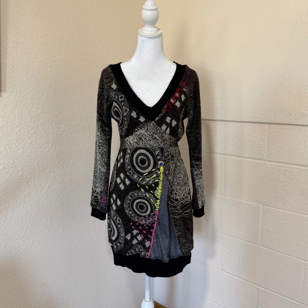 Forla Paris Tunic Mini Dress Womens S Black Gray Abstract Art to Wear Whimsigoth